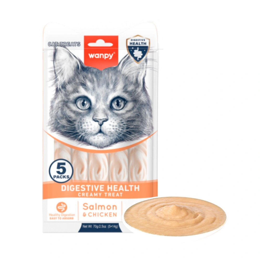 Wanpy Kat Funktionel Cremet Slikbar Godbid Fordøjelse Health med kylling & laks 70g (5x14g)